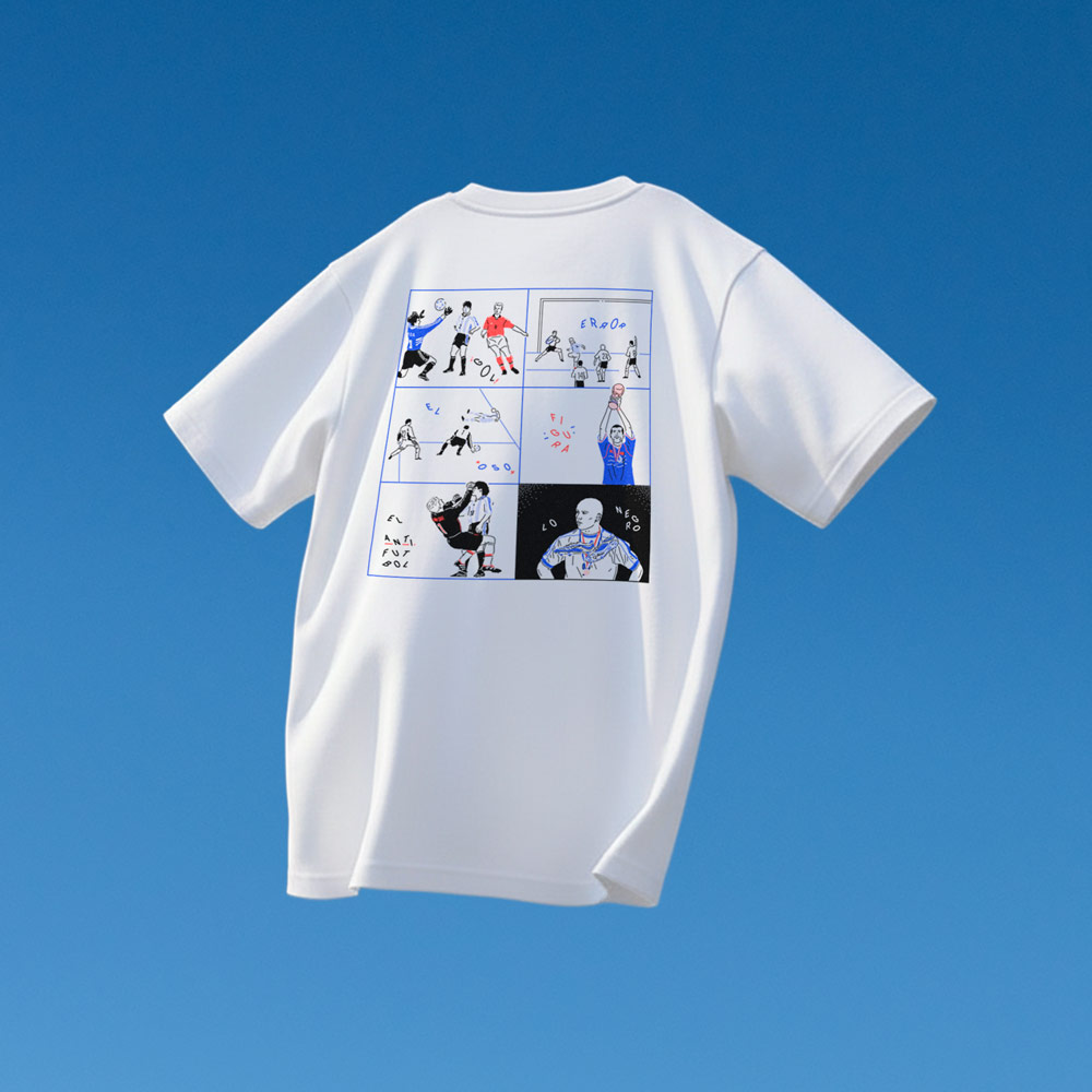 Camiseta Acción de Francia 98 – Vista trasera Camiseta blanca Acción de Francia 98 con ilustraciones de escenas del mundial en la espalda