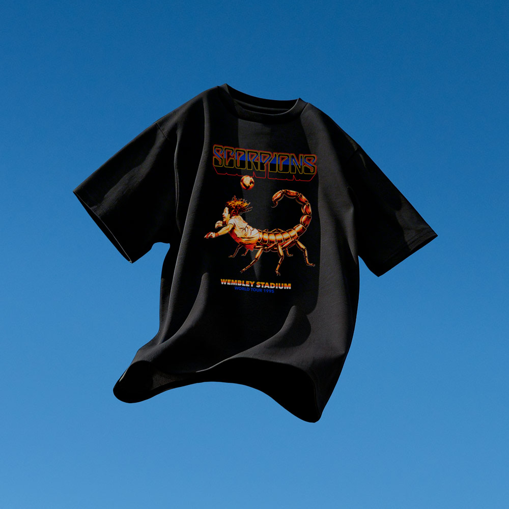 Camiseta Scorpions de Volver a Primera con ilustración inspirada en el escorpión de Higuita en Wembley