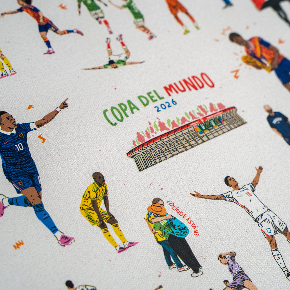 Print Copa del Mundo 2026 – Detalle central Detalle del print Copa del Mundo 2026 con el título de la ilustración y escenas del torneo.
