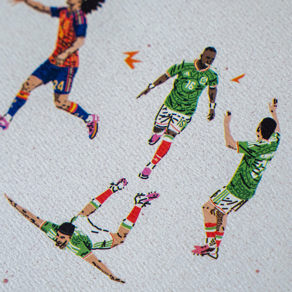 Print Copa del Mundo 2026 – Detalle de México Detalle del print Copa del Mundo 2026 con jugadores de la selección mexicana celebrando una anotación.
