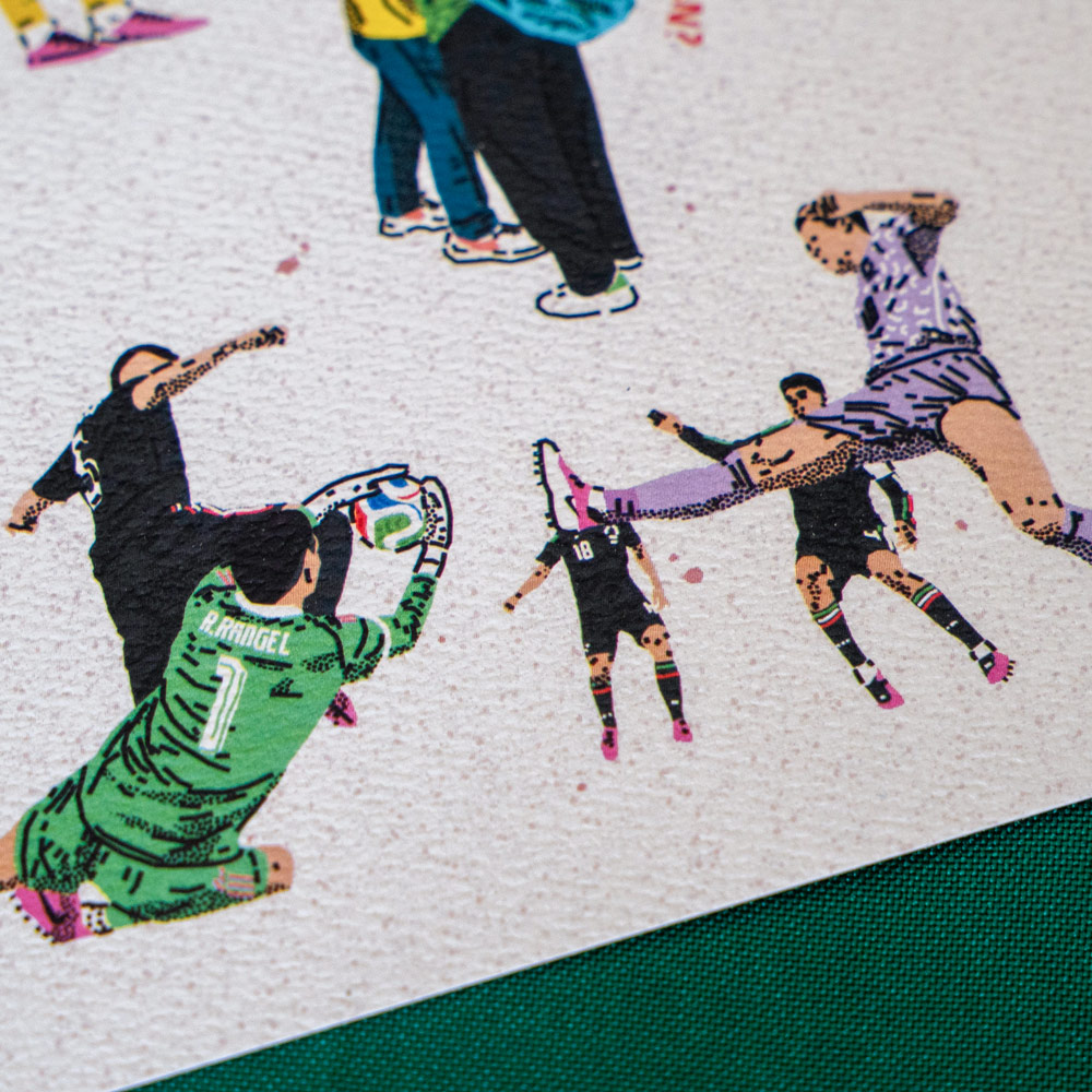 Print Copa del Mundo 2026 – Detalle de jugada Detalle del print Copa del Mundo 2026 con una jugada dentro del área y una atajada.